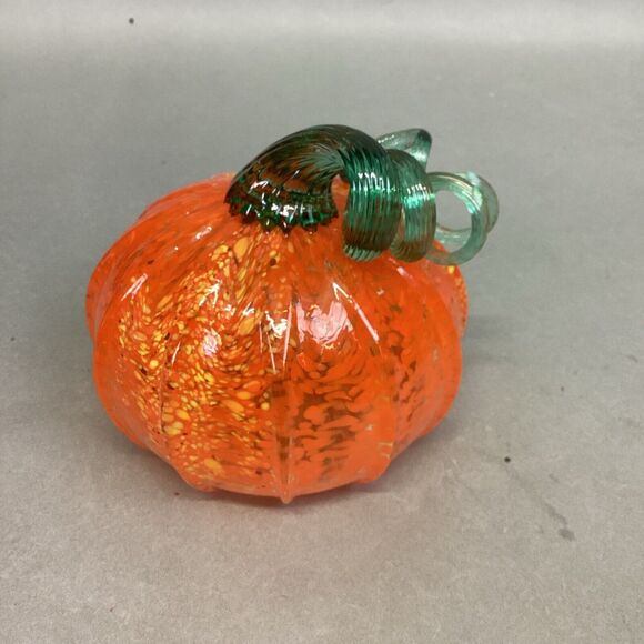 Glass Pumpkin Hand Blown Vibrant Mottled Orange w Flecks of Yellow & Orange - Picture 1 of 7